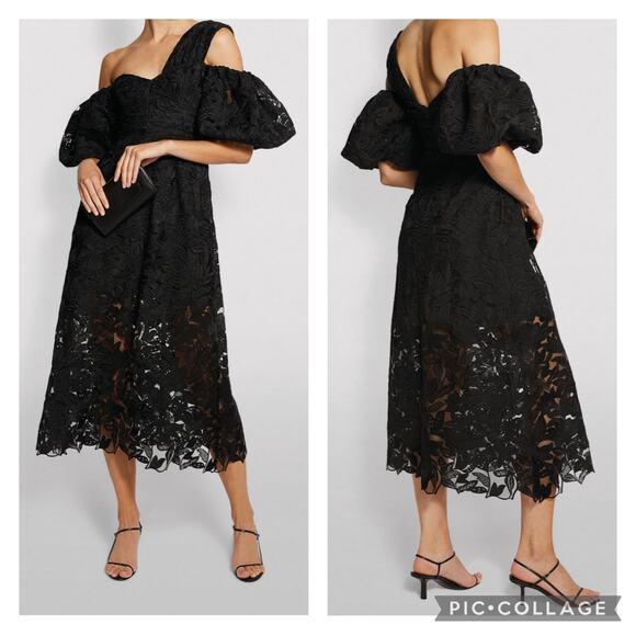 Self-Portrait One-Shoulder Black Lace Guipure Midi Dress sz 4 US Asymmetrical - Picture 1 of 16